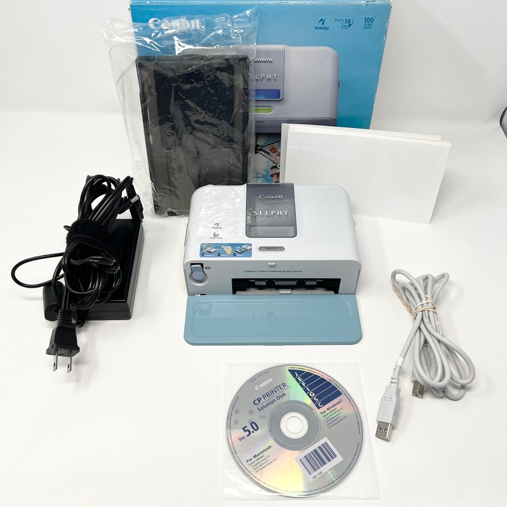 Canon SELPHY CP510 Compact Photo Printer White Blue Dye-Sublimation 4x6 Bundle